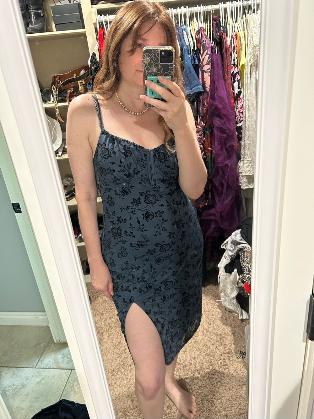 Blue Floral Slip Dress with Side Slit
